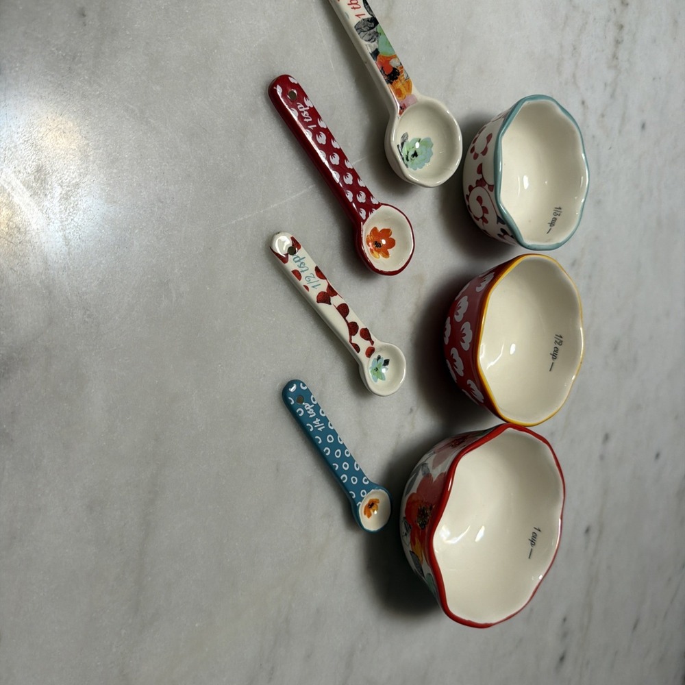 Pioneer Woman Ceramic Floral Country Set of Nesting Measuring Bowls & Spoons